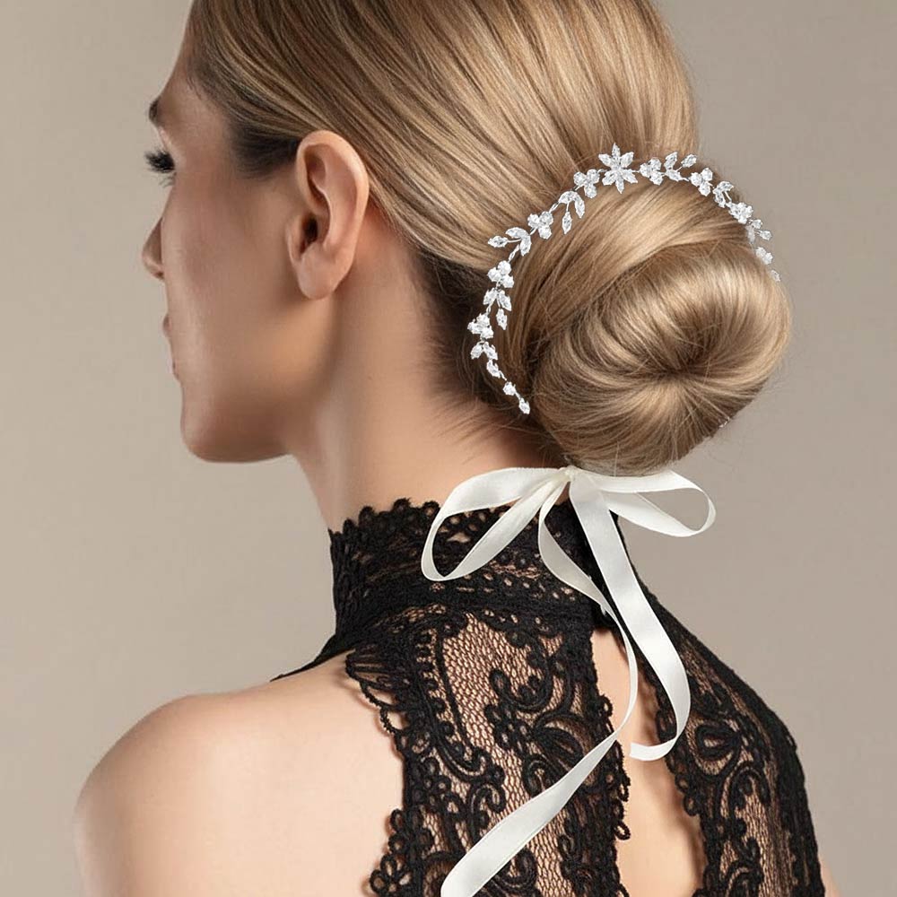 Madeline Love Clear, Silver CZ Leaf Cluster Vine Bun Wrap Headpiece - Hair Accessories