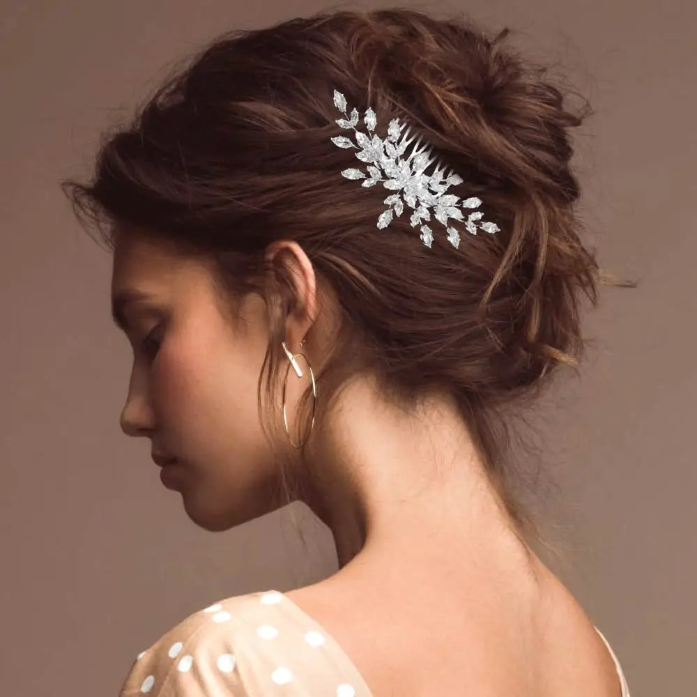 Madeline Love Clear, Silver Marquise CZ Cluster Leaf Branch Hair Comb - Hair Accessories