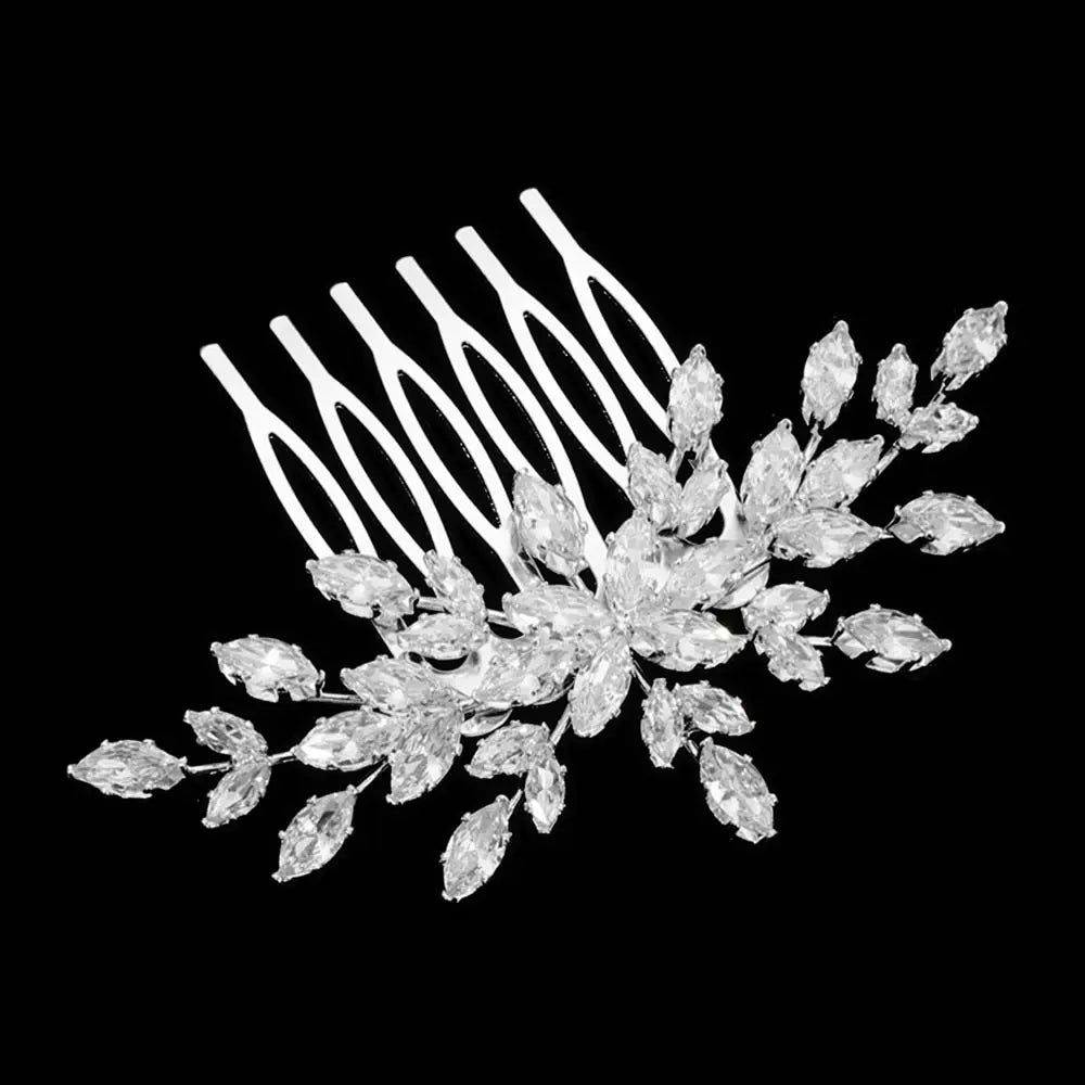 Madeline Love Clear, Silver Marquise CZ Cluster Leaf Branch Hair Comb - Hair Accessories - desc