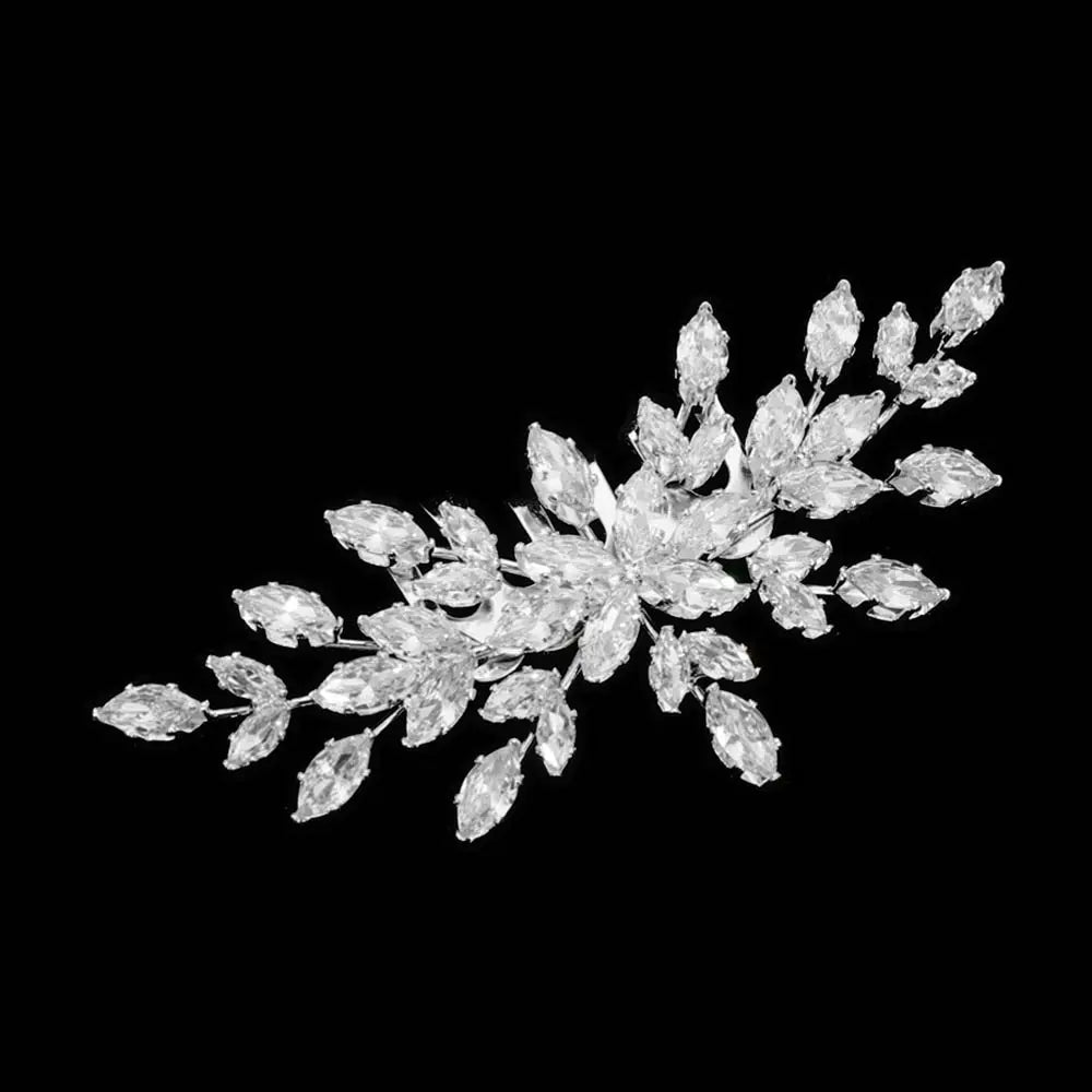 Madeline Love Clear, Silver Marquise CZ Cluster Leaf Branch Hair Comb - Hair Accessories - extra