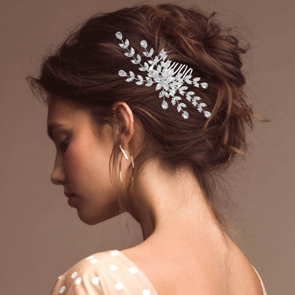 Madeline Love Clear, Silver Marquise Teardrop CZ Cluster Floral Branch Hair Comb - Hair Accessories