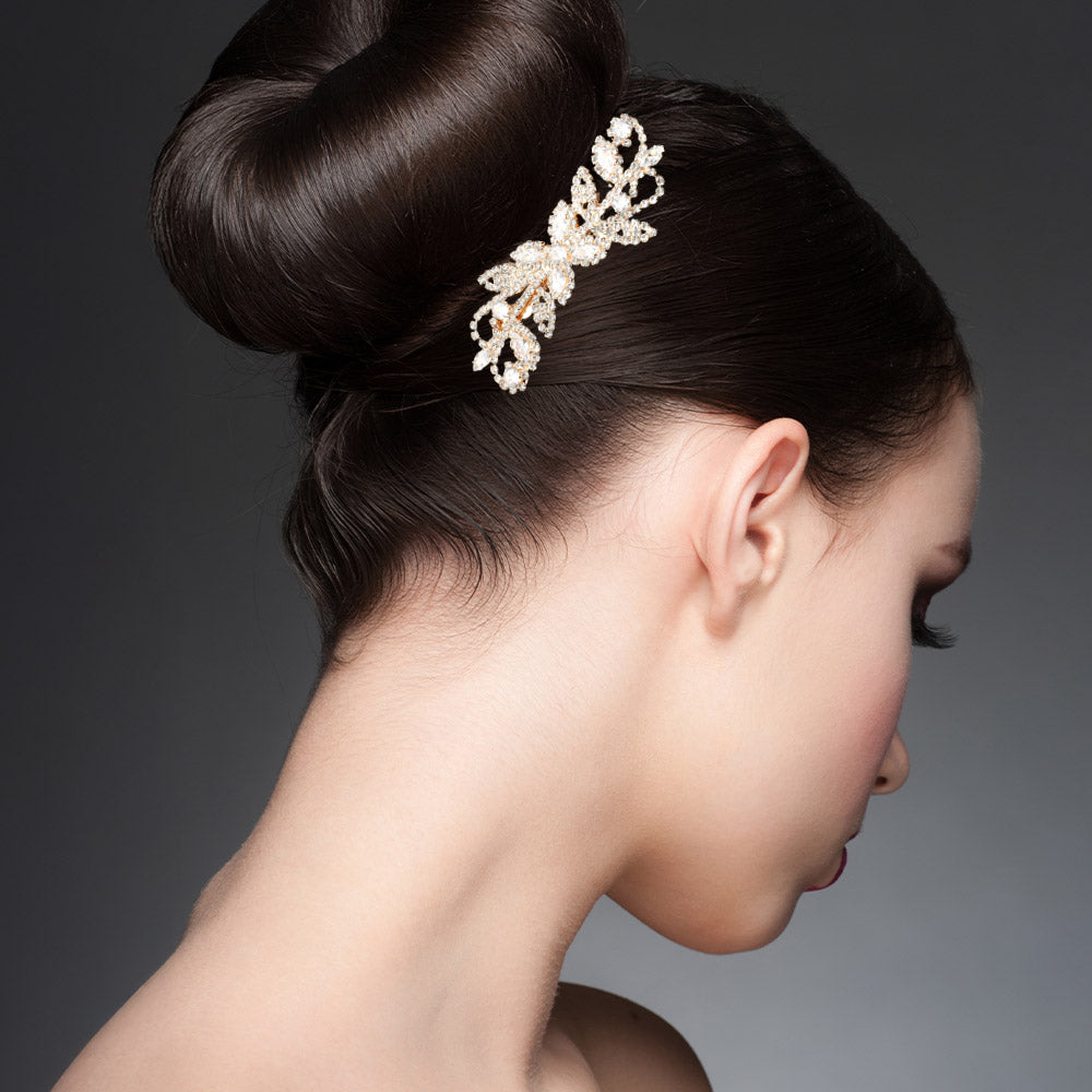 Madeline Love Clear, Gold Flower Leaf Branch CZ tone Embellished Hair Comb - Hair Accessories