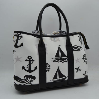 Maritime Adventure Canvas Tote – Monochrome Voyage Shoulder Bag - Black - Tote Bag