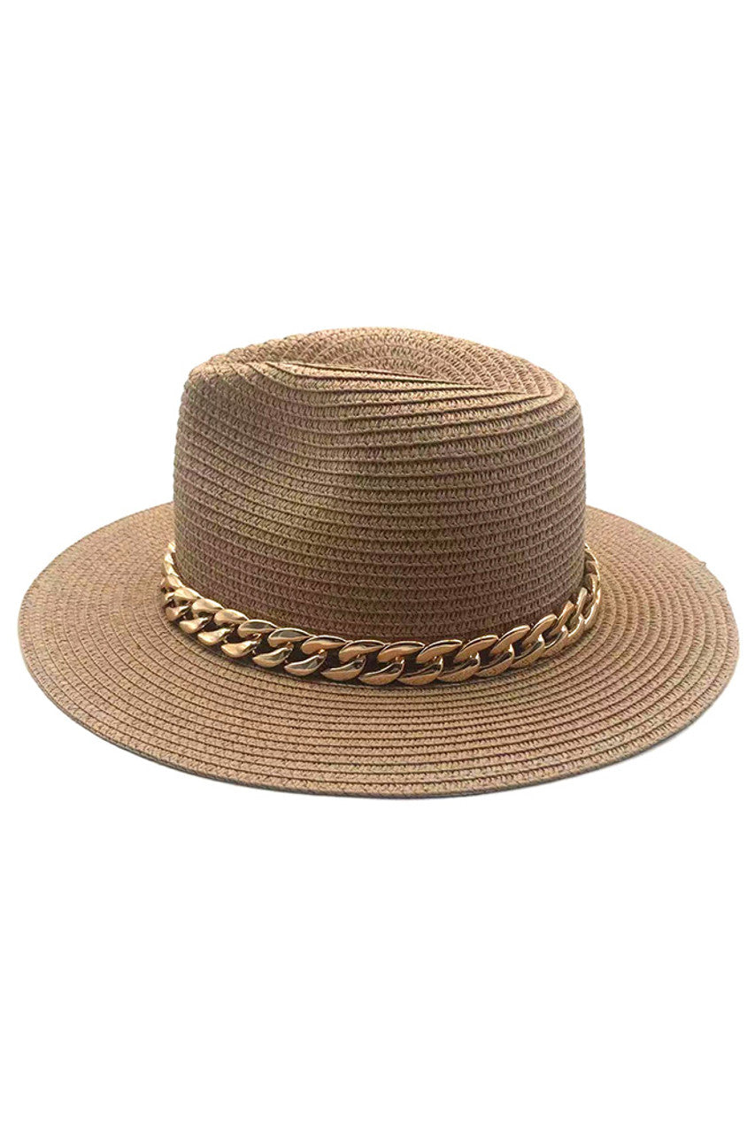 Camel Chain Band Panama Hat represents the pinnacle of hatmaking craftsmanship, featuring meticulous hand-weaving techniques that create an exceptionally balanced texture and form. The signature metal chain embellishment provides both structural reinforcement and distinctive visual contrast against the natural straw. It's precisely calibrated brim offers optimal sun protection without compromising the hat's refined silhouette. 