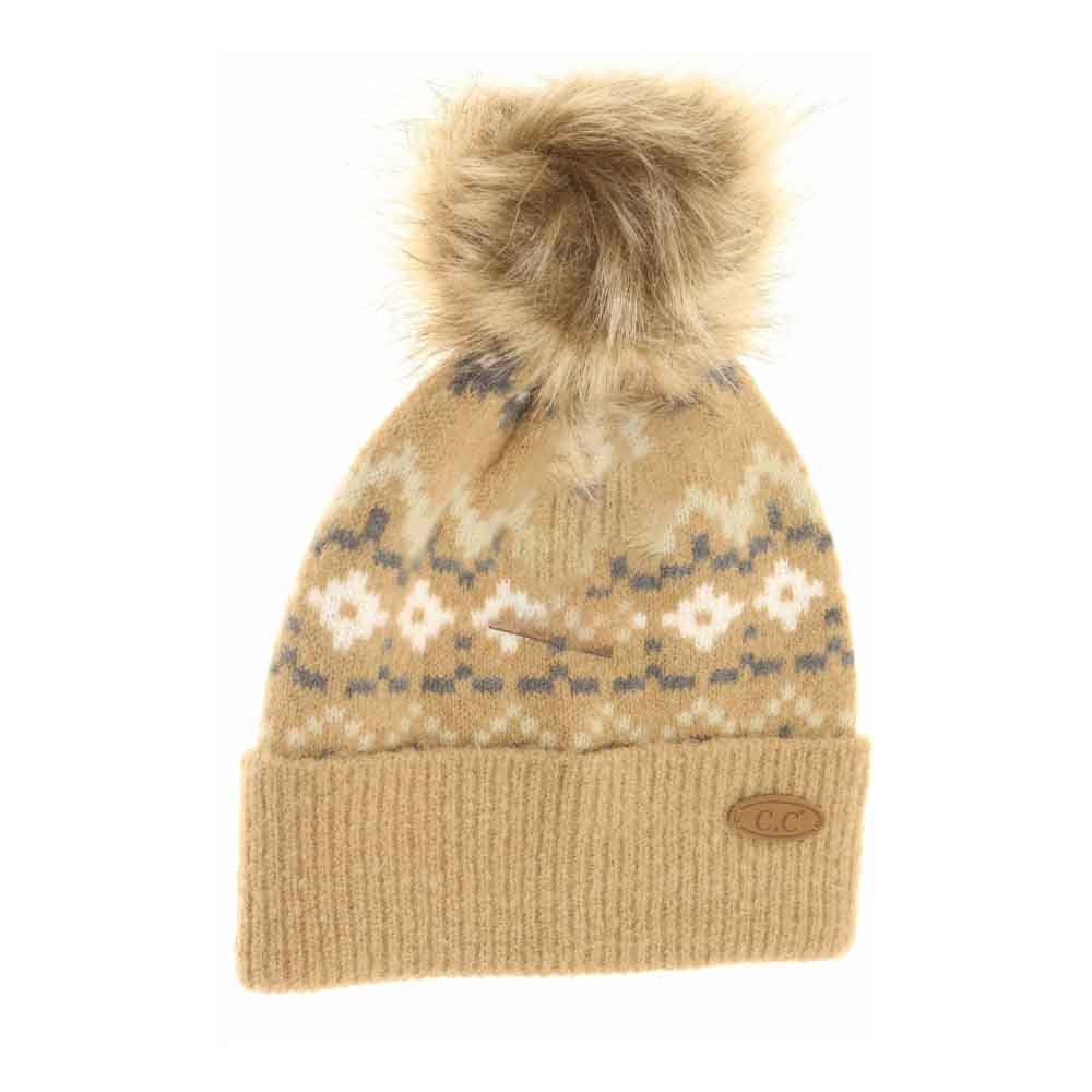 Camel Geometric Pattern Fur Pom CC Beanie combines modern design with practical warmth. Its distinctive geometric knit pattern adds visual interest, while the plush fur pom delivers a touch of luxury. Crafted from soft, high-quality yarn, this beanie ensures a comfortable, snug fit that retains heat effectively. Ideal for chilly days, it balances fashion and function with expert craftsmanship for lasting style and comfort. 
