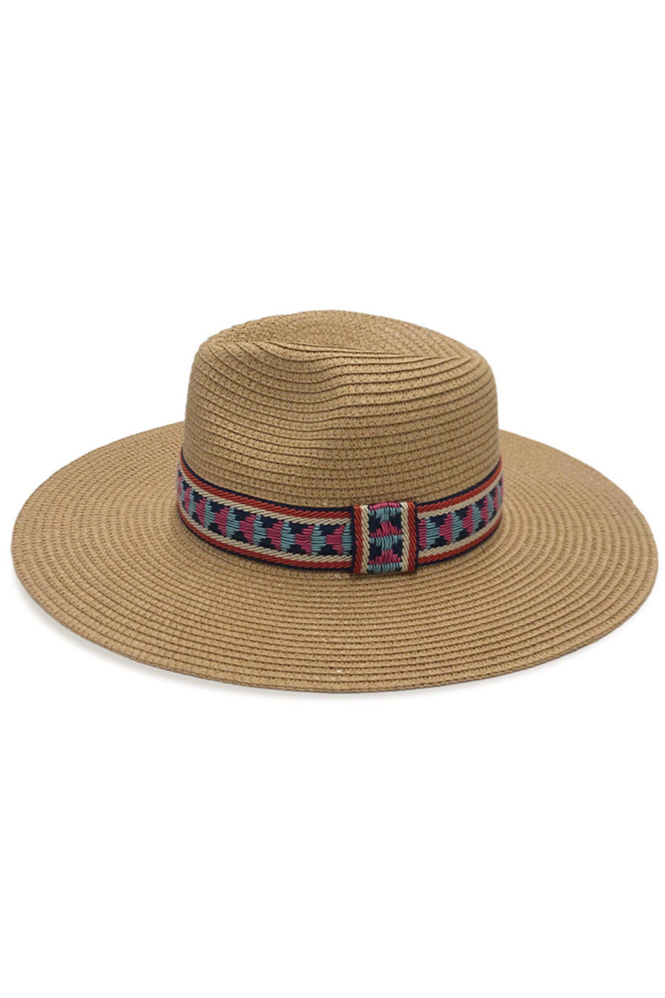 Camel Multi Color Aztec Band Panama Hat combines traditional weaving techniques with contemporary design elements. The distinctive Aztec pattern band showcases vibrant hues against the classic Panama silhouette, creating a statement accessory with ethnographic influence. The lightweight, breathable construction offers UPF protection while maintaining proper ventilation—ideal for discerning customers seeking both functionality and distinctive style in their summer headwear collection. 