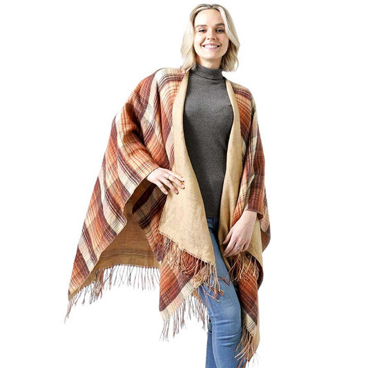 Camel Reversible Plaid Check Patterned Tassel Cape Poncho, with the latest trend in ladies' outfit cover-up! the high-quality knit poncho is soft, comfortable, and warm but lightweight. It's perfect for your daily, casual, evening, vacation, and other special events outfits. A fantastic gift for your friends or family.