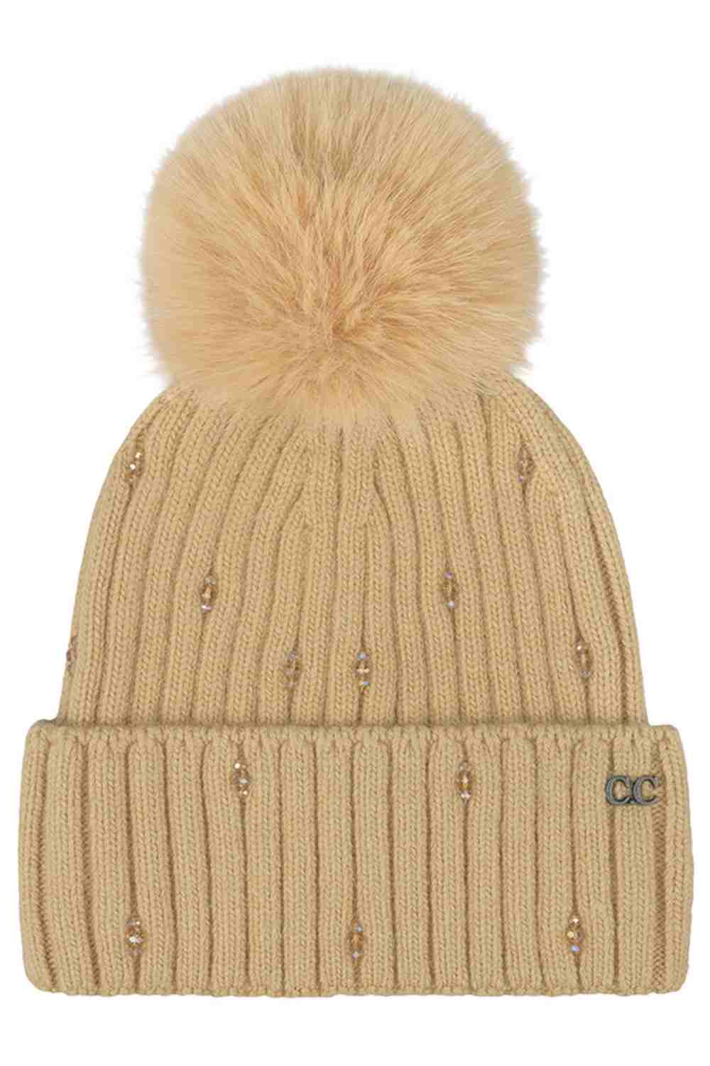 Camel C.C Glass Bead Embellishment with Faux Fur Pom Cuff Beanie Winter Hat sparkles with elegant glass bead detailing and is finished with a plush faux-fur pom for a stylish cold-weather look. Crafted with a soft stretch fit, this cozy cuff beanie keeps you warm while adding a touch of glam to your winter outfits.