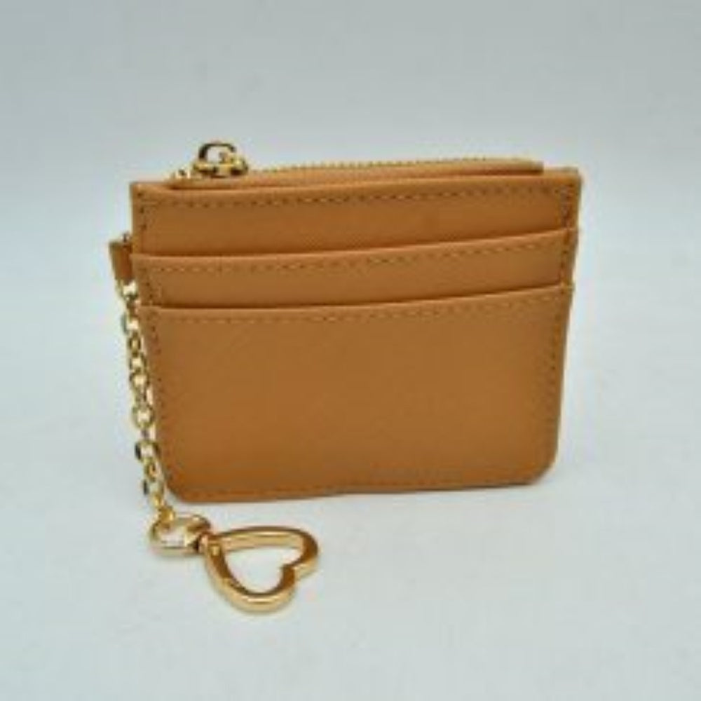 Camel This slim card holder wallet combines a sleek, structured design with practical storage compartments for organized everyday use. The front panel features multiple layered slots designed for quick access to cards, while a secure top zipper closure with a prominent metallic pull opens to a central pocket for coins or folded bills. Perfect for on-the-go convenience