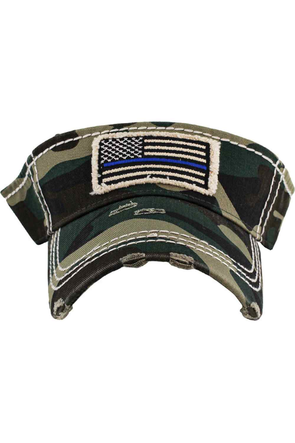 Camo The Blue Line Flag Vintage American Flag Sun Visor features a distressed patriotic design with the iconic blue line accent, showing support for law enforcement in a stylish, casual way. Its lightweight, adjustable fit and open-top design provide sun protection while keeping you cool and comfortable all day.