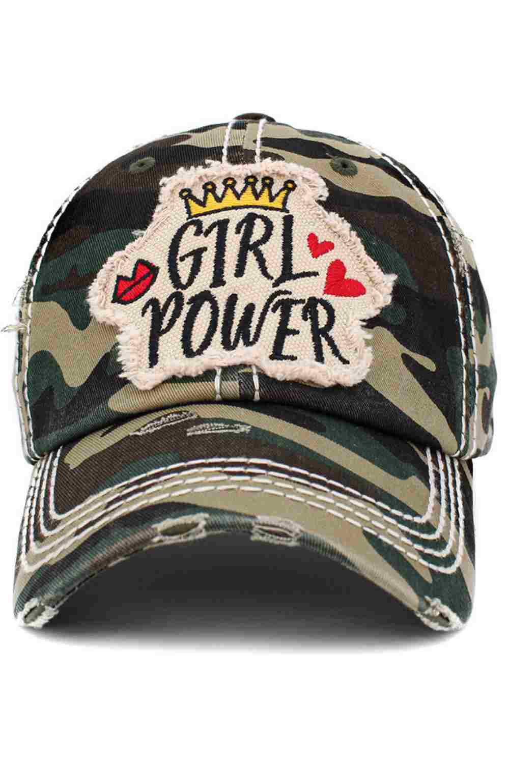 Camo Make a bold statement with the Girl Power washed vintage cap, featuring a classic distressed finish and empowering embroidered design. Comfortable and adjustable for everyday wear, this laid-back cap adds confident style to casual outfits, errands, or weekend adventures.
