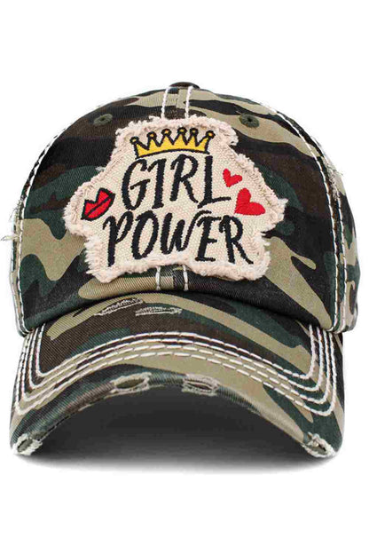 Camo Make a bold statement with the Girl Power washed vintage cap, featuring a classic distressed finish and empowering embroidered design. Comfortable and adjustable for everyday wear, this laid-back cap adds confident style to casual outfits, errands, or weekend adventures.
