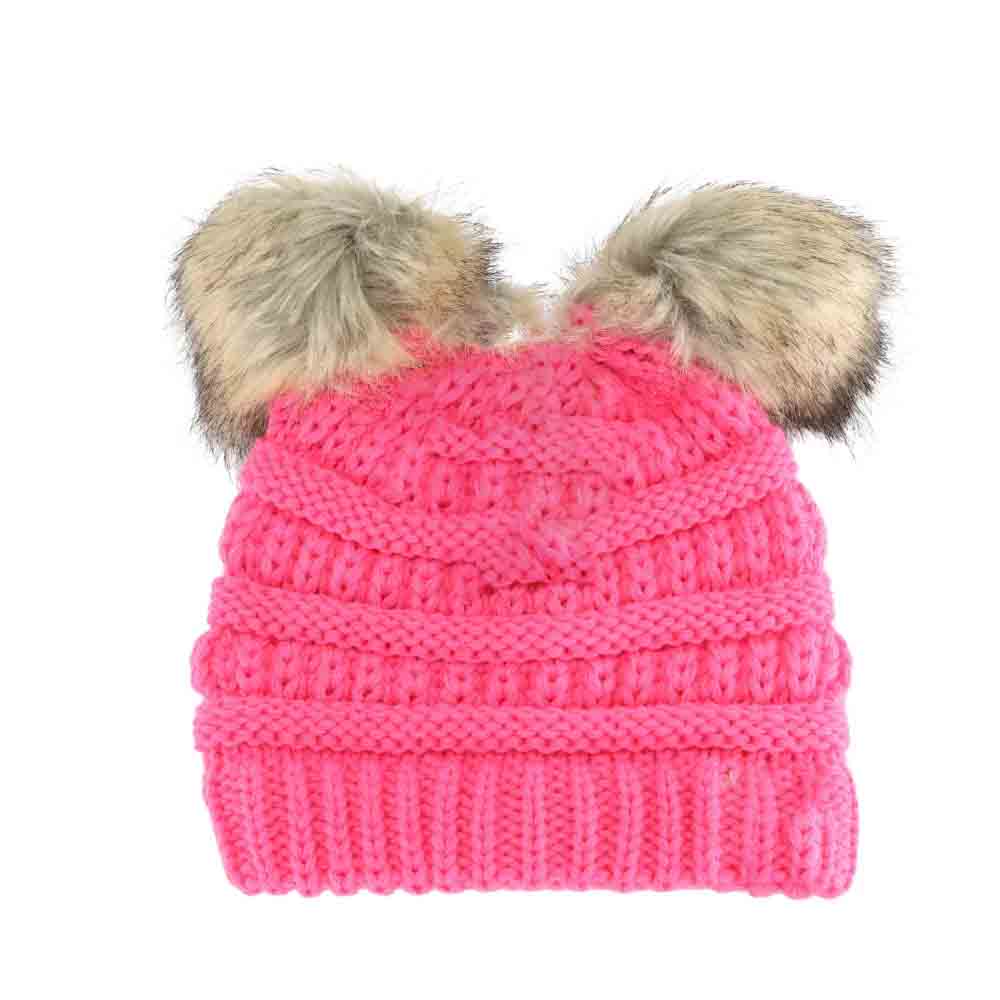 CandyPink BABY Solid Ribbed Faux Fur Double Pom C.C Beanie combines soft ribbed knit fabric with two plush faux fur pom-poms, delivering cozy warmth and playful style for little ones. Its stretchable design ensures a snug, comfortable fit, perfect for keeping babies warm during chilly days while adding an adorable touch to any outfit. Durable and easy to care for, this beanie is an expert choice for both function and fashion in children's cold-weather accessories. 