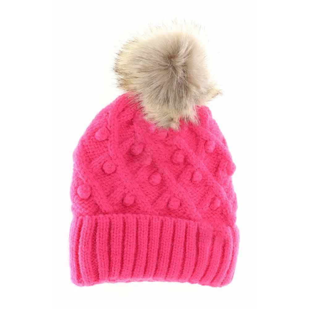 CandyPink KIDS Bobble Knit Faux Fur Pom C.C Beanie combines warmth and style, offering cozy comfort with its soft knit fabric and a plush faux fur pom-pom. Designed specifically for children, it provides a secure, comfortable fit to keep little heads warm during colder months while adding a playful, fashionable touch. Durable and easy to wear, this beanie is ideal for everyday winter activities. 
