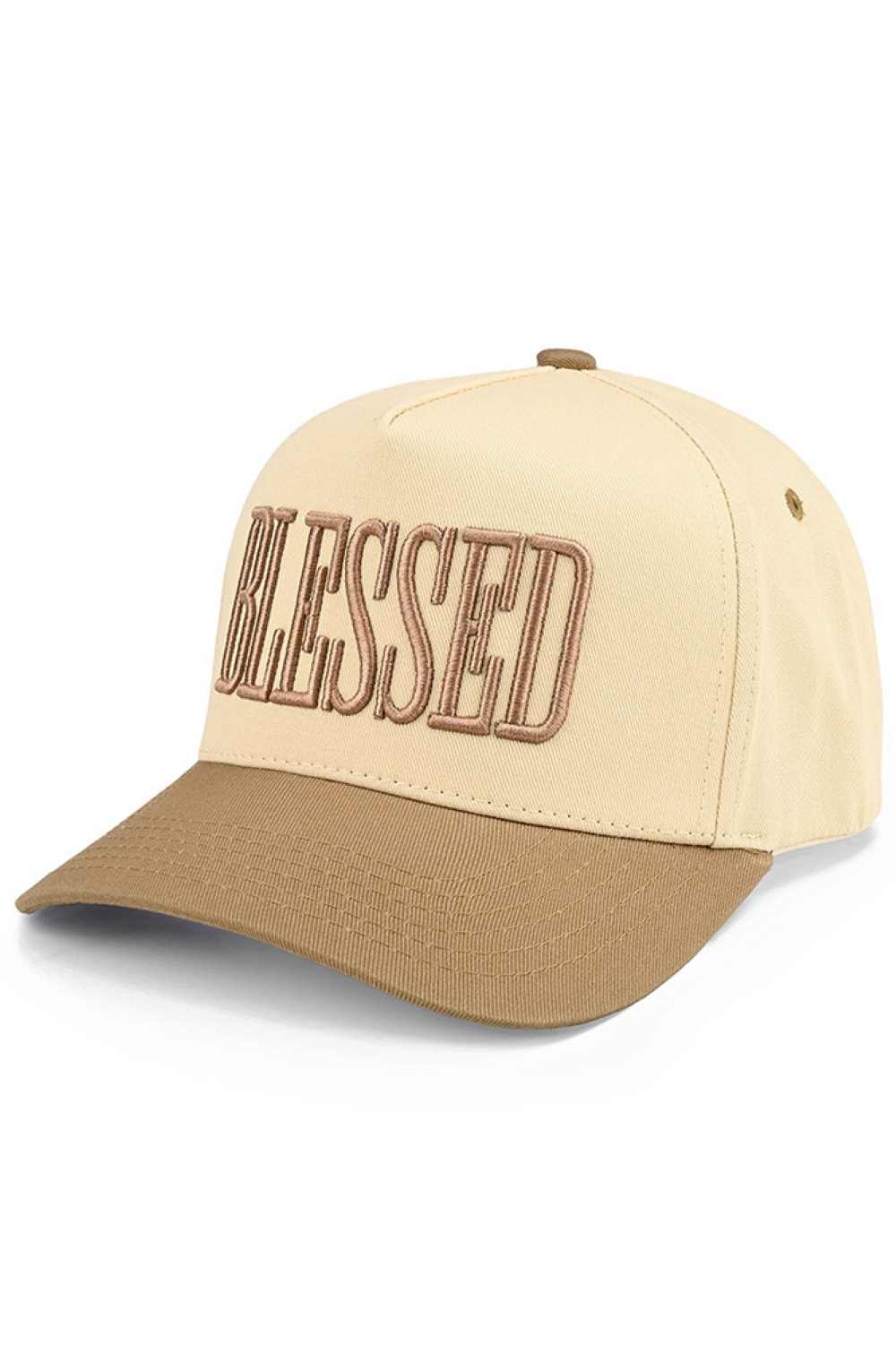 Beige CC Beanie “Blessed” Letter Embroidered Two-Tone Trucker Hat Baseball Cap features elegant embroidered lettering paired with a stylish two-tone design for a meaningful, everyday look. The classic trucker silhouette provides breathable comfort and an adjustable fit for all-day casual wear.