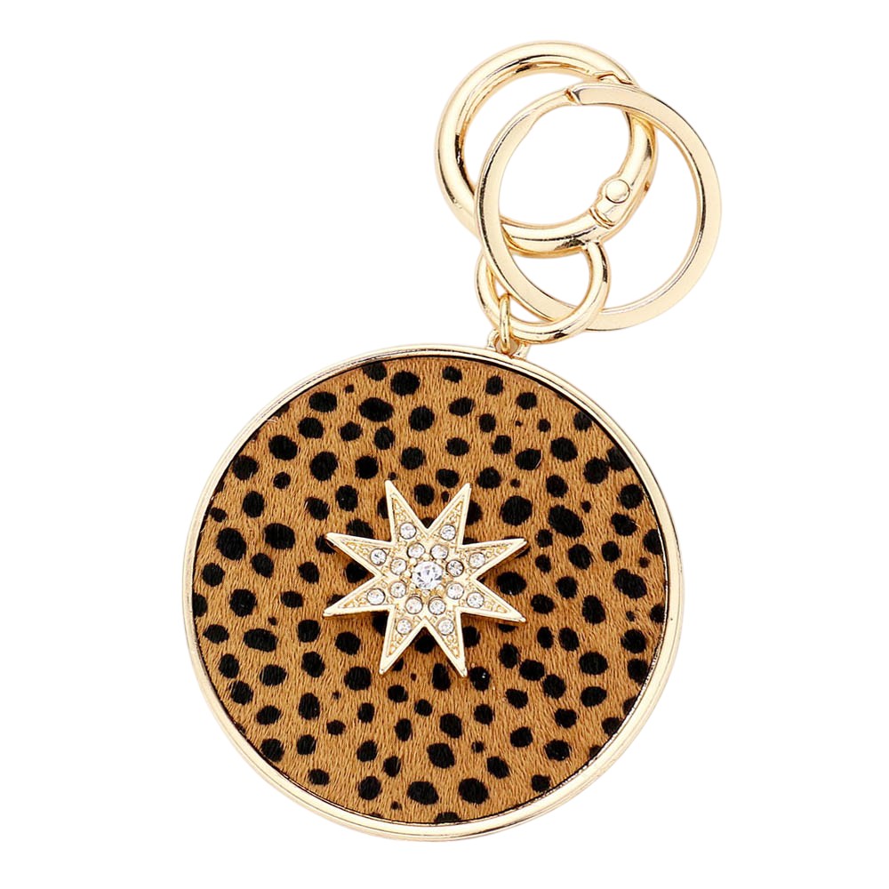 Cheetah Patterned Genuine Leather Calf Round Bag Charm - Black Gold - Keychains