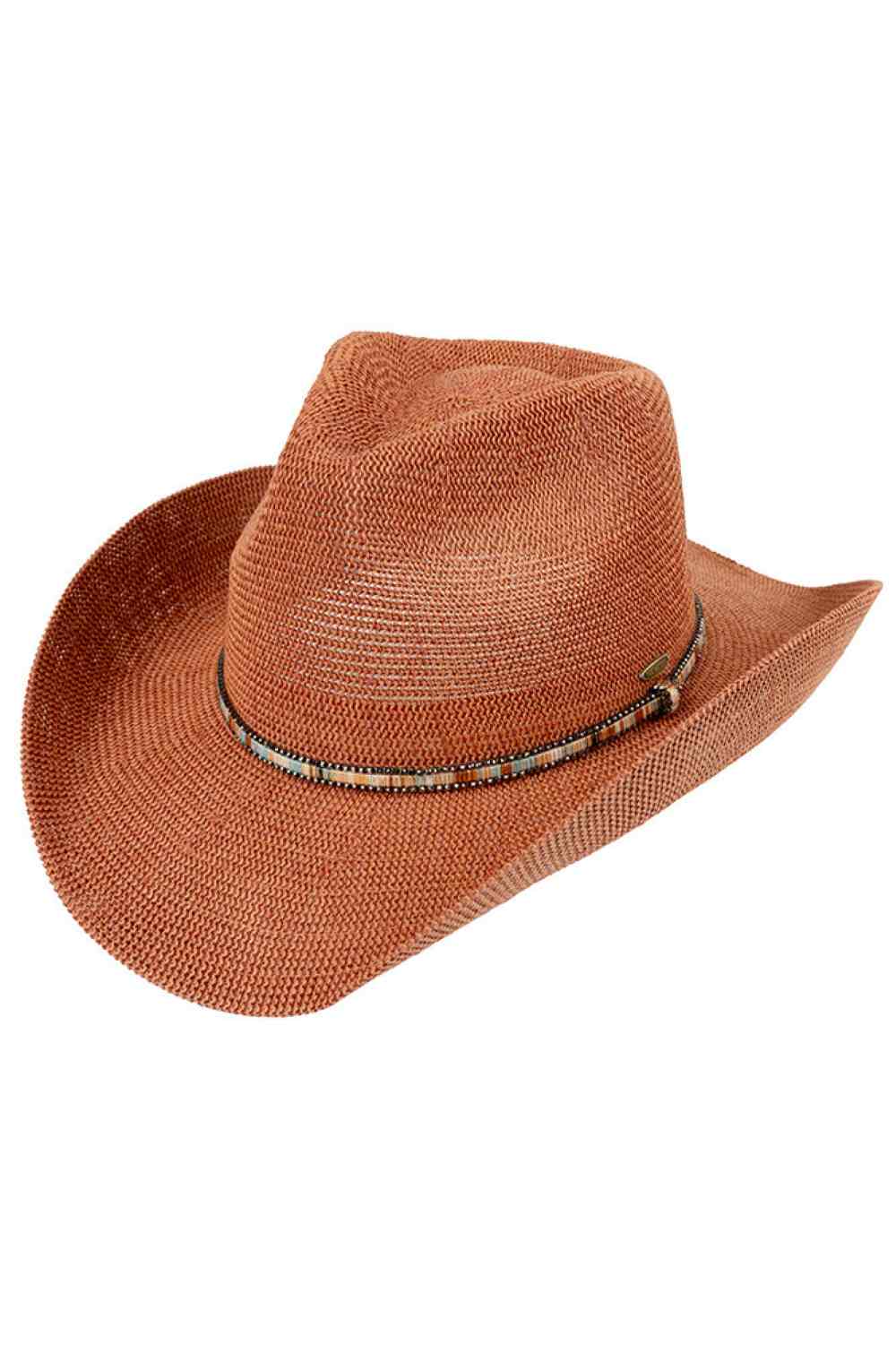 Clay Elevate your western style with this C.C Multi Colored Trim Band Knitted Cowboy Hat. Crafted from a breathable blend of 60% paper and 40% polyester, this one-size hat offers comfort and durability. The vibrant multi-colored trim band adds a pop of personality to any outfit. With a 3.25" brim and 4.5" crown height, it provides excellent sun protection while maintaining that classic cowboy silhouette. Perfect for ranch days, country festivals, or casual everyday wear. Circumference: 22.6".