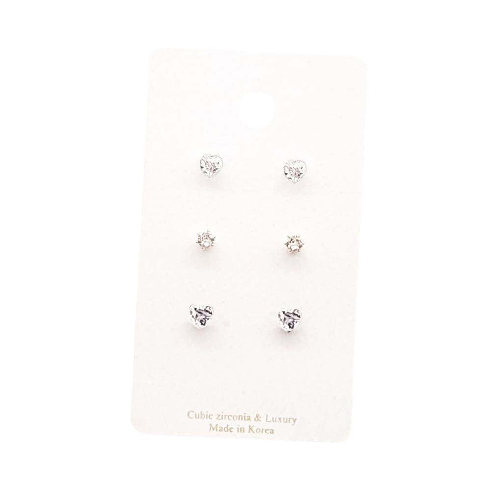 3Pairs - CZ Heart Round Stud Earrings Set