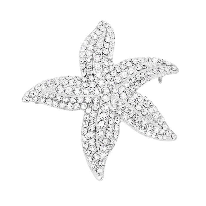 Clear Crystal Rhinestone Starfish Pin Brooch features sparkling crystals, adding a touch of elegance and charm to any outfit. The unique starfish design is perfect for beachgoers and ocean lovers. Made with high-quality materials for long-lasting wearability.