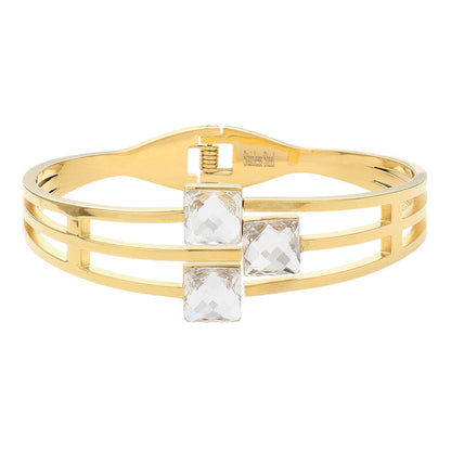 Clear Gold Stainless Steel Triple Square Stone Pointed Hinged Bangle Bracelet is a stylish and durable accessory. Made with high-quality stainless steel and featuring a hinged design, it is perfect for everyday wear. The triple square stone detailing adds a touch of elegance and sophistication to any outfit.