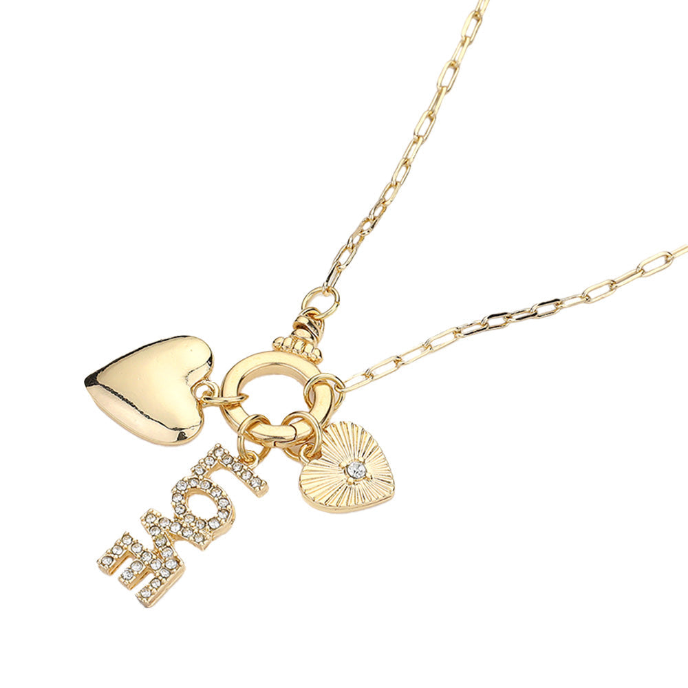 Clear Gold Stone Paved LOVE Message Metal Heart Charms Pendant Paperclip Chain Necklace is the perfect addition to any jewelry collection. With delicate stone paving and a unique paperclip chain design, it exudes elegance and sophistication. Show your love and elevate any outfit with this stunning necklace.