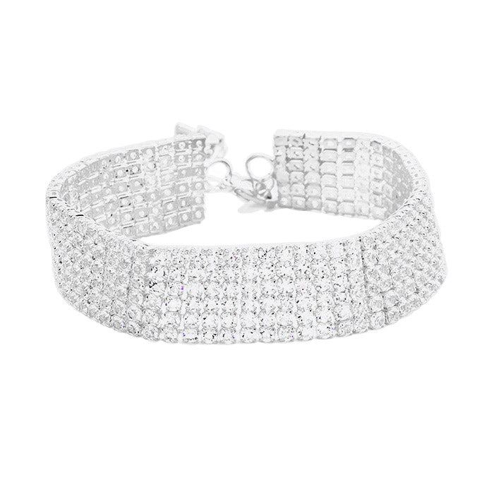 6 Rows Pave CZ Tennis Evening Bracelet - Clear Silver - Bracelets