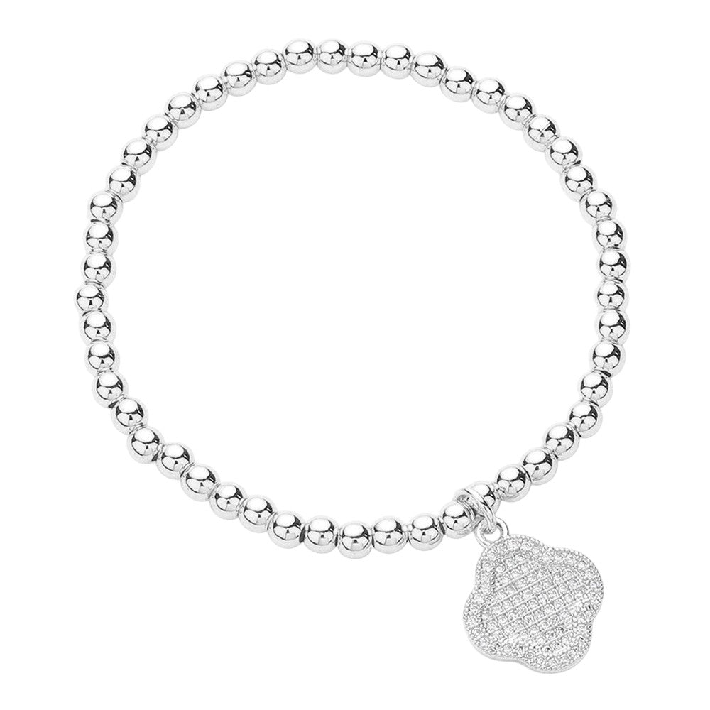 CZ Stone Paved Quatrefoil Charm Stainless Steel Ball Stretch Bracelet