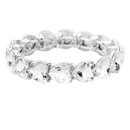 Heart Crystal Stretch Evening Bracelet - Clear Silver - Bracelets