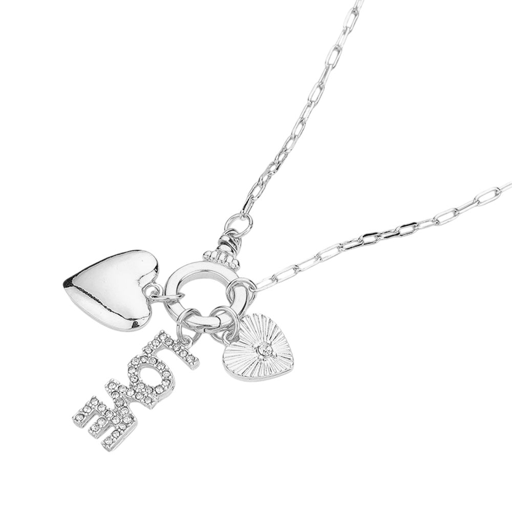 Clear Silver  Stone Paved LOVE Message Metal Heart Charms Pendant Paperclip Chain Necklace is the perfect addition to any jewelry collection. With delicate stone paving and a unique paperclip chain design, it exudes elegance and sophistication. Show your love and elevate any outfit with this stunning necklace.