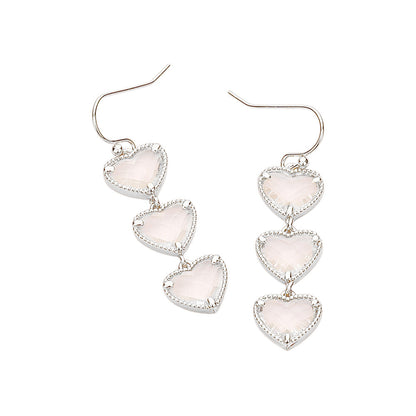 Triple Heart Stone Cluster Link Dropdown Dangle Earrings - Clear Silver - Earrings