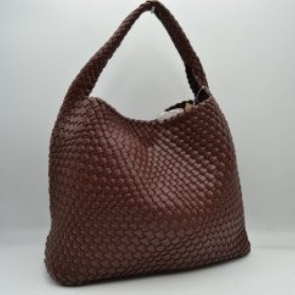 Coffee This chic, slouchy shoulder bag features an intricate basket-weave design in a creamy off-white tone, offering a highly textured and relaxed silhouette for stylish everyday use. It is crafted with an integrated wide, woven top handle that extends seamlessly from the main body panels for comfortable over-the-shoulder carrying. The spacious open-top main compartment provides effortless access to your items and comes complete with a matching