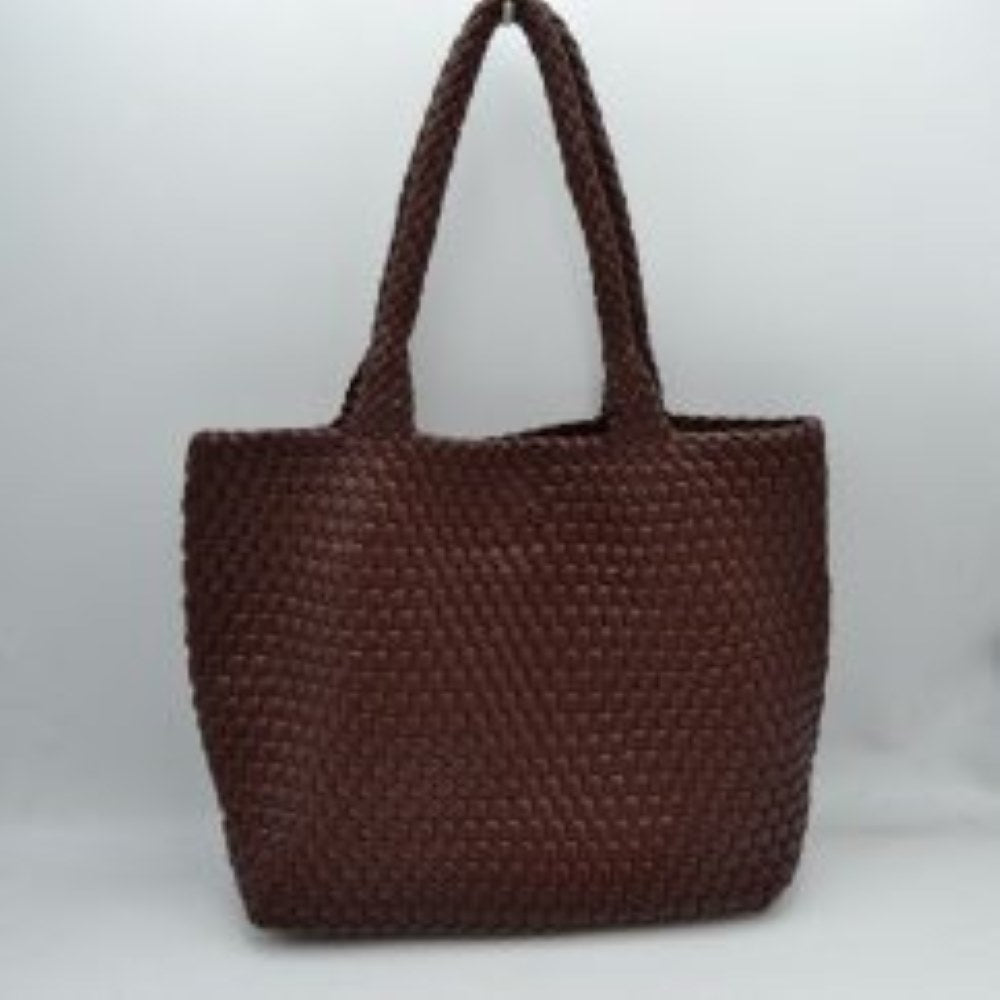 Coffee This structured tote bag features an intricate basket-weave design across its body and integrated shoulder straps, creating a textured look suitable for everyday use. The main storage compartment offers a wide, open-top design for easy access to daily essentials. Accompanying the larger bag is a matching smaller pouch with a distinct woven exterior pattern and a secure gold-tone top zipper closure to keep smaller items organized.