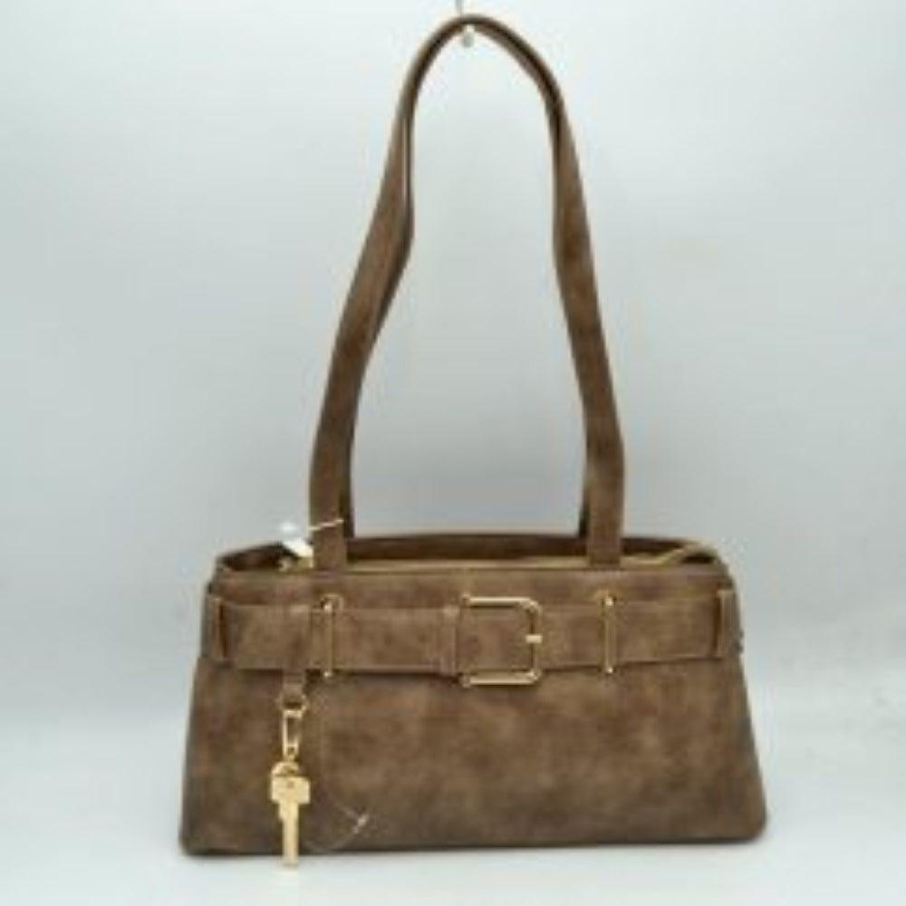 Coffee This rectangular shoulder bag features a distinctive wide belt detail running horizontally across the upper front panel, secured with a central metallic buckle and supported by matching metallic loops. Attached to one of the front belt loops is a decorative key charm suspended from a small clip. The bag is designed with dual fixed shoulder straps extending upwards from the body, and the main storage compartment is accessed via a top zipper closure with a fabric pull tab.