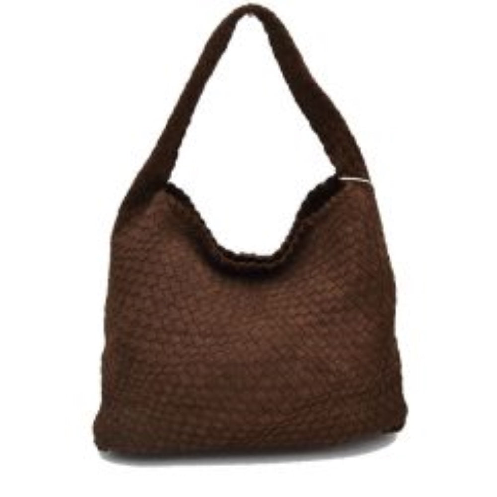 Coffee This relaxed, slouchy shoulder bag showcases a beautifully textured, fully woven exterior in a classic checkerboard style. It is designed with a spacious, scooped hobo silhouette that naturally molds to the body for comfortable daily wear. The wide, integrated shoulder strap extends seamlessly from the side panels, ensuring durable carrying capacity while maintaining a clean, hardware-free aesthetic suitable for both casual and smart-casual ensembles.