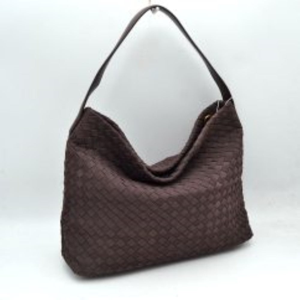 Coffee This slouchy hobo bag showcases a textured woven pattern across its exterior, offering a refined look that is perfect for everyday use. The spacious main compartment provides ample storage for daily essentials, featuring a relaxed silhouette with a flat top shoulder strap for comfortable carrying. A separate, detachable secondary strap with metallic clasps is included, allowing for versatile styling options to suit your needs.
