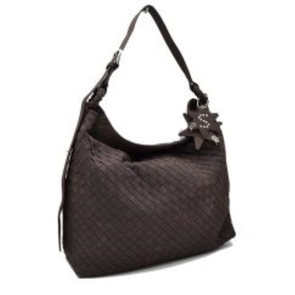 Coffee This slouchy hobo bag features a distinctive woven pattern across its exterior, offering a textured and modern look for everyday use. Designed with a spacious main compartment to easily accommodate daily essentials, the bag includes an adjustable flat shoulder strap secured with a metallic buckle for customizable carrying comfort. A decorative star-shaped charm is attached to the side via metallic hardware, adding a unique accent to the overall clean design.