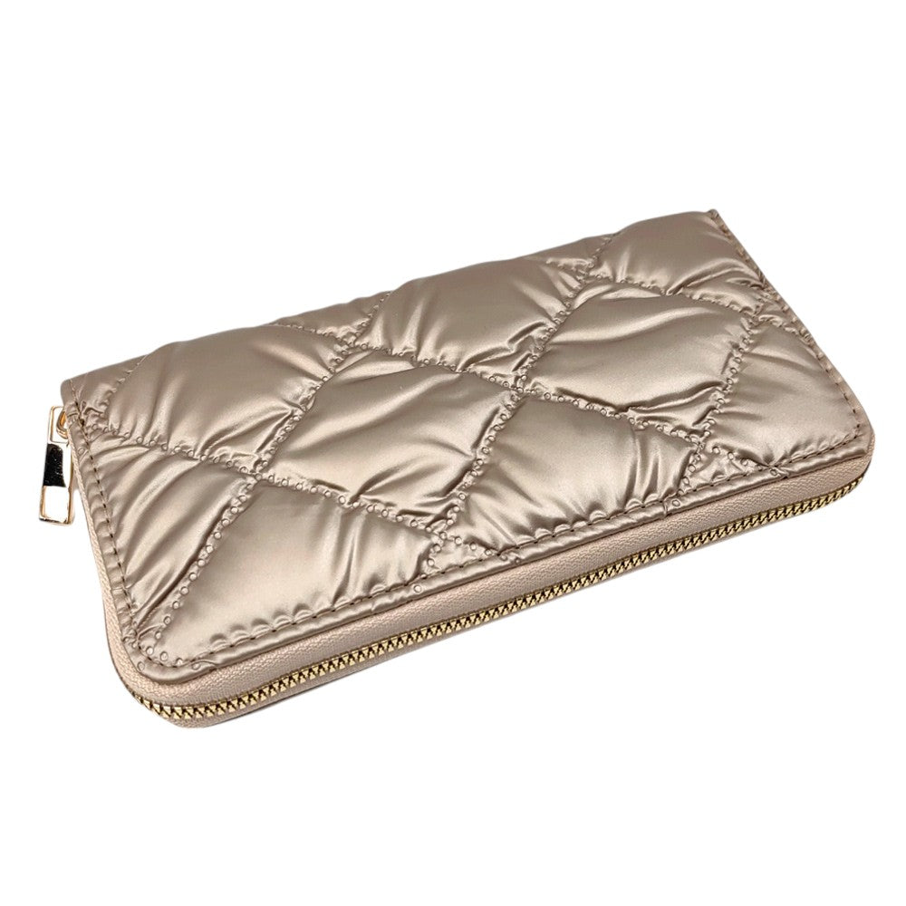 Copper Shiny Faux Leather Padded Wallet with Wristlet offers a sleek and stylish solution for storing your essentials. Its shiny faux leather material adds a touch of sophistication, while the padded design keeps your valuables safe. The attached wristlet also provides convenience and hands-free carrying. 