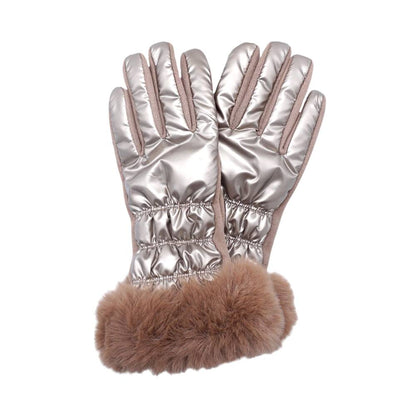 Copper Faux Fur Cuff Puffer Smart Touch Gloves, Experience warmth and functionality with our stylish smart touch gloves. The soft faux fur cuffs add a touch of luxury, while the puffer padding keeps your hands toasty. Stay stylish and connected this winter. Wrap your loved ones in warmth this winter with these stylish gloves.