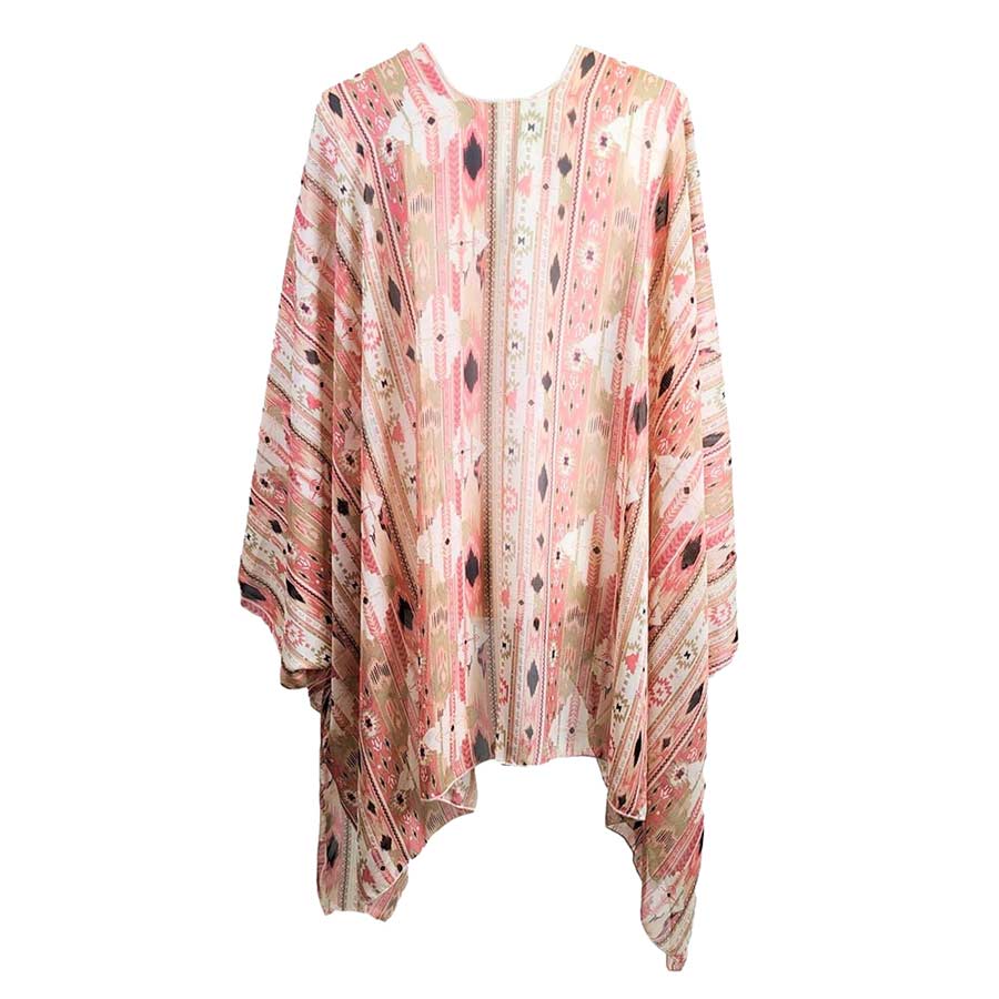 Coral Boho Patterned Sheer Cover Up Kimono Poncho, your neck deserves something better than cheap fabrics. This lightweight kimono poncho features a boho-patterned design. It's a design that gives any outfit a unique look. Perfect gift for a wife, birthday, holiday, or fun night out.