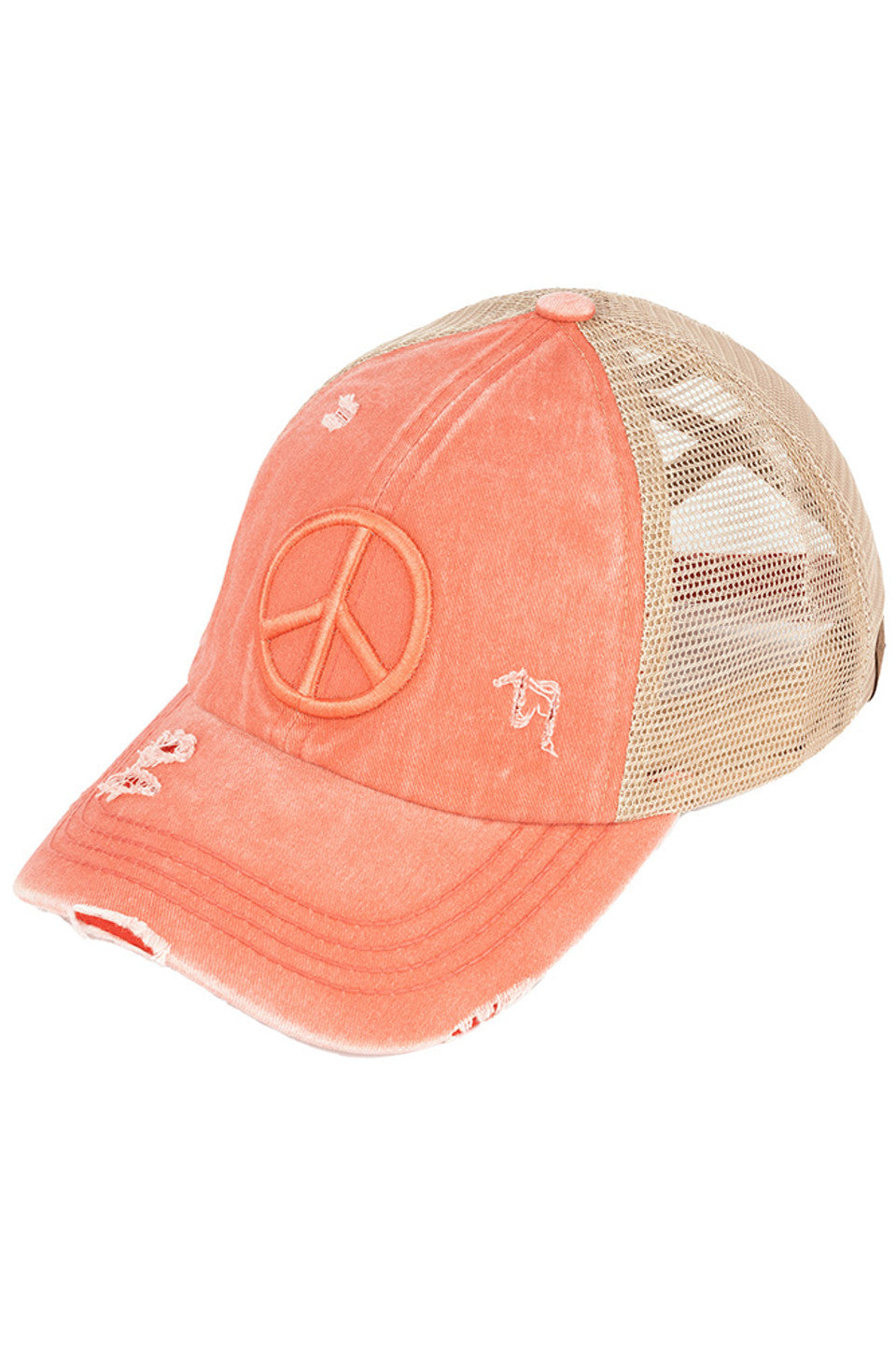 Coral  C.C PEACE SIGN DISTRESSED PONY CAP - the perfect addition to your wardrobe for a trendy look. Made from high-quality materials, this cap features a peace sign design and distressed details that add character and edge to any outfit. Stay stylish and spread good vibes with this cap.