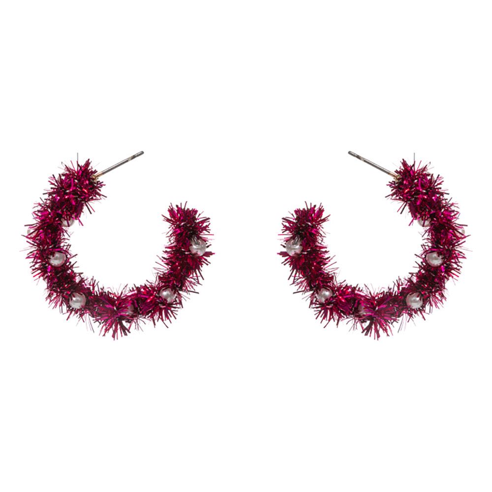 Celebrate the season with these festive tinsel hoop earrings, decorated with miniature ornament accents for a cheerful holiday touch. Lightweight and eye-catching, they’re perfect for adding playful flair to party outfits, winter gatherings, or seasonal celebrations.