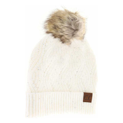 Sequin Brioche Cable Knit Fur Pom C.C Beanie