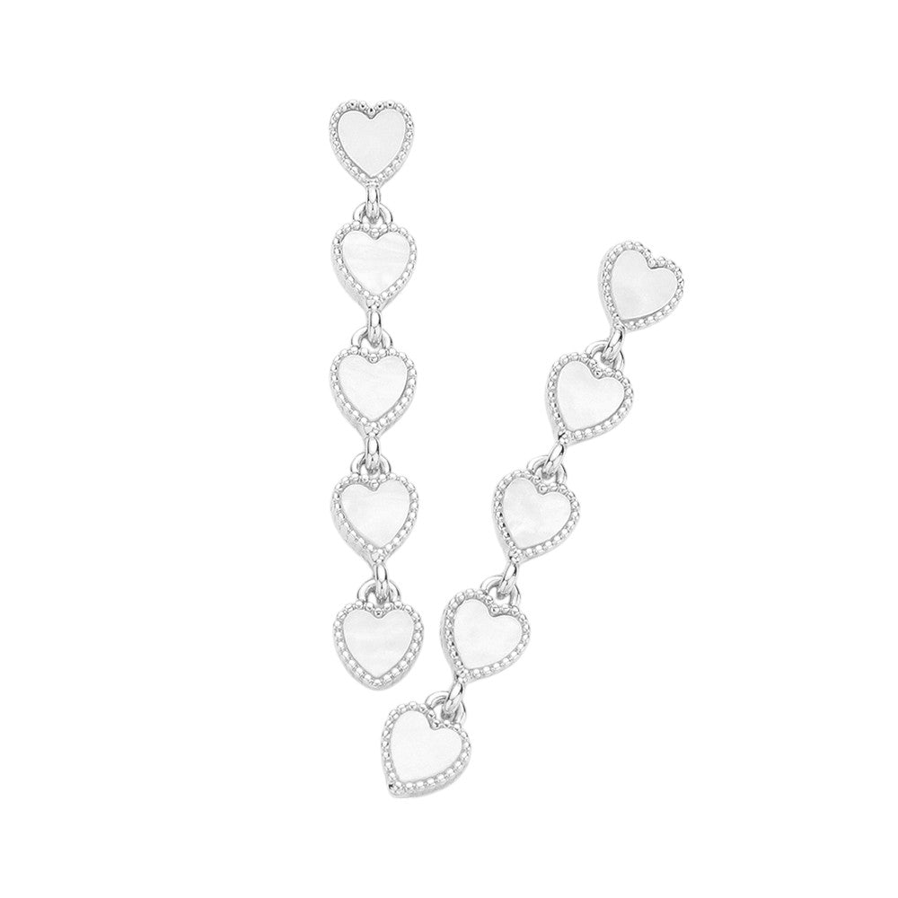 Pearl Heart Pendant Link Dropdown Earrings - Cream Silver - Earrings