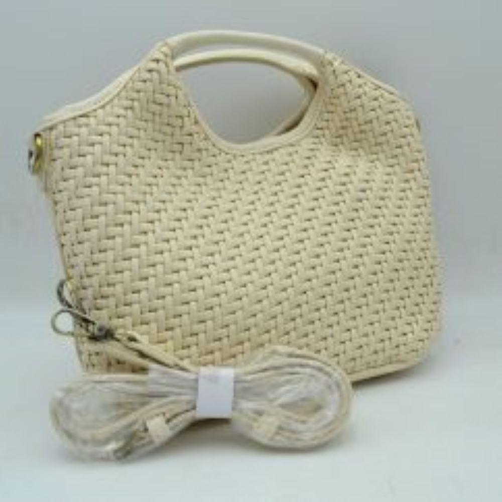 Cream Elevate your everyday style with this versatile woven handbag, designed to seamlessly transition from mornings on the go to casual evenings out. Featuring a unique basket-weave texture that adds a touch of sophisticated craftsmanship, this bag balances a modern silhouette with timeless appeal. It is crafted with integrated, cut-out top handles for a sleek look, and it includes a detachable, adjustable shoulder strap that allows you to effortlessly switch between a classic handbag, a relaxed shoulder b