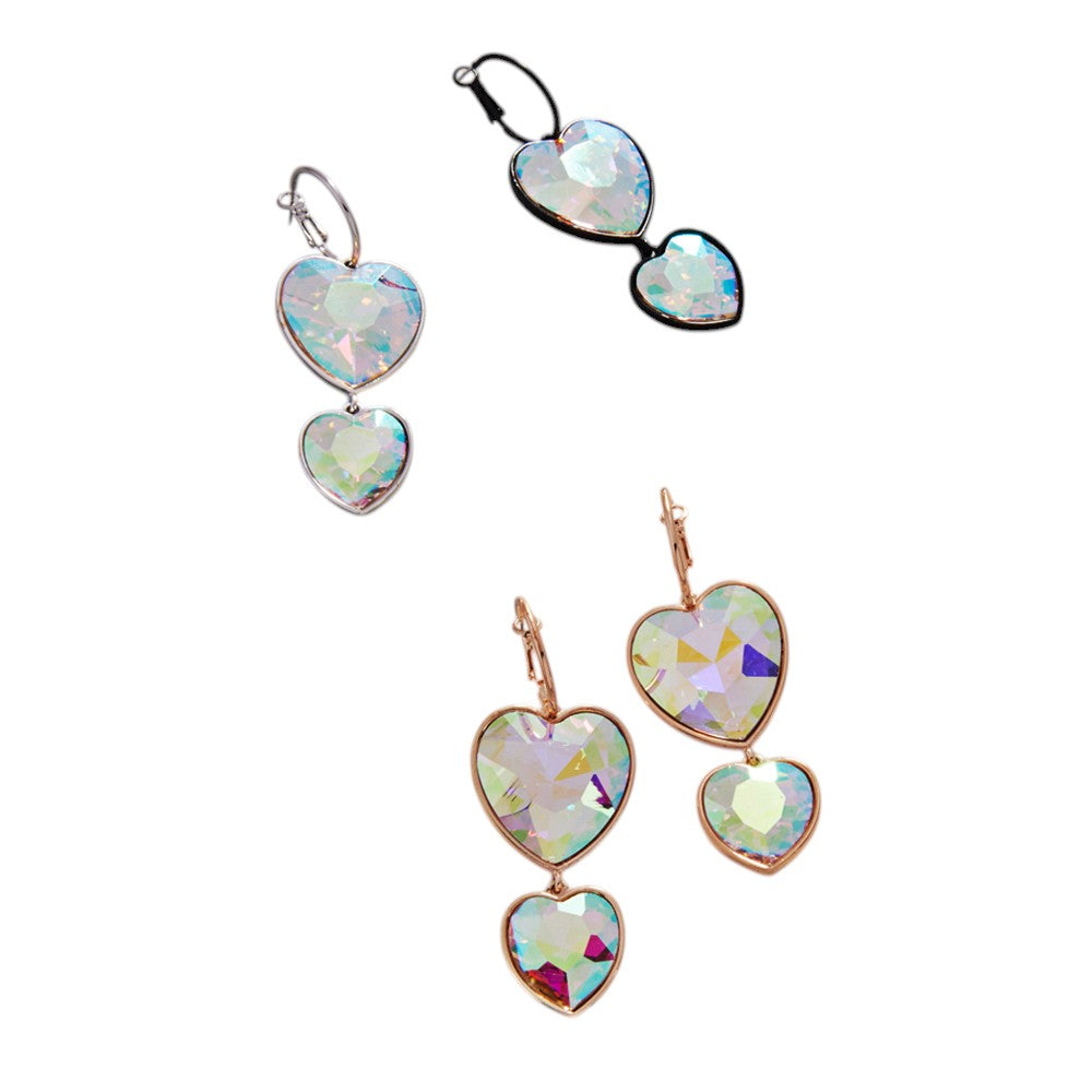  Crystal Stone Double Heart Link Dropdown Earrings are expertly crafted with intricate details that will add a touch of sophistication to any outfit. The sparkling crystal stones and unique heart link design make these earrings a perfect addition to any jewelry collection. Elevate your style with these stunning earrings.