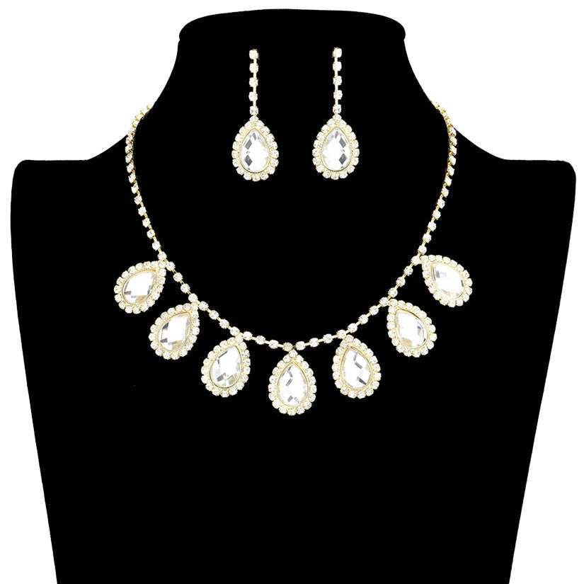 Crystal Rhinestone Teardrop Station Necklace Earring Set  timeless design combines timelessness with dazzling sparkle for a sophisticated, tasteful piece that will make a lasting impression. Awesome gift for Birthdays, Anniversaries, Christmas, Prom, Quincenera, Cumpleanos, Navidad, or any special occasion formal event