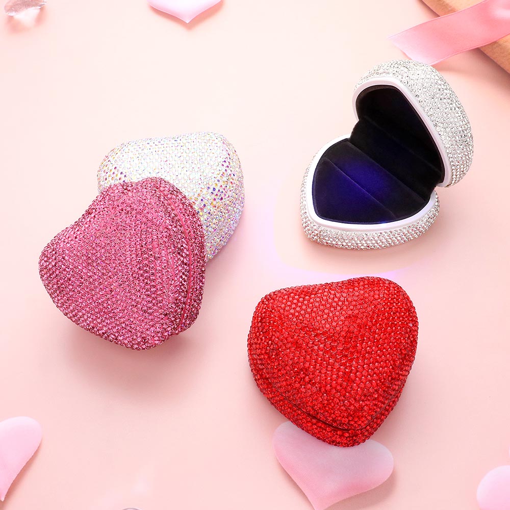 LED Light Bling Studded Heart Shaped Jewelry Ring Case