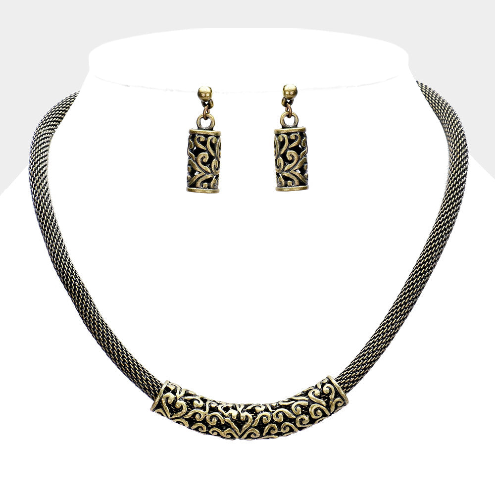 Madeline Love Antique Gold Embossed Metal Mesh Chain Necklace - Necklaces