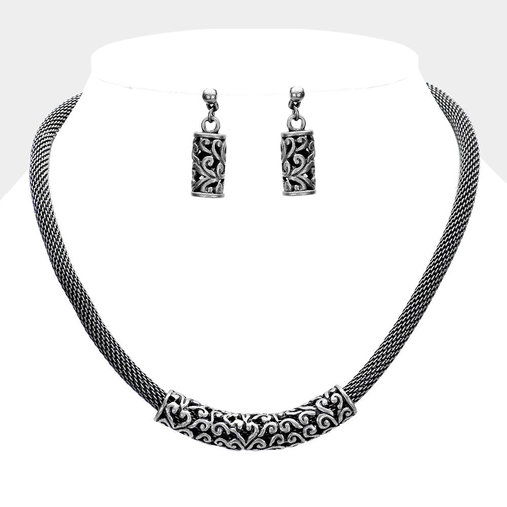 Madeline Love Antique Silver Embossed Metal Mesh Chain Necklace - Necklaces