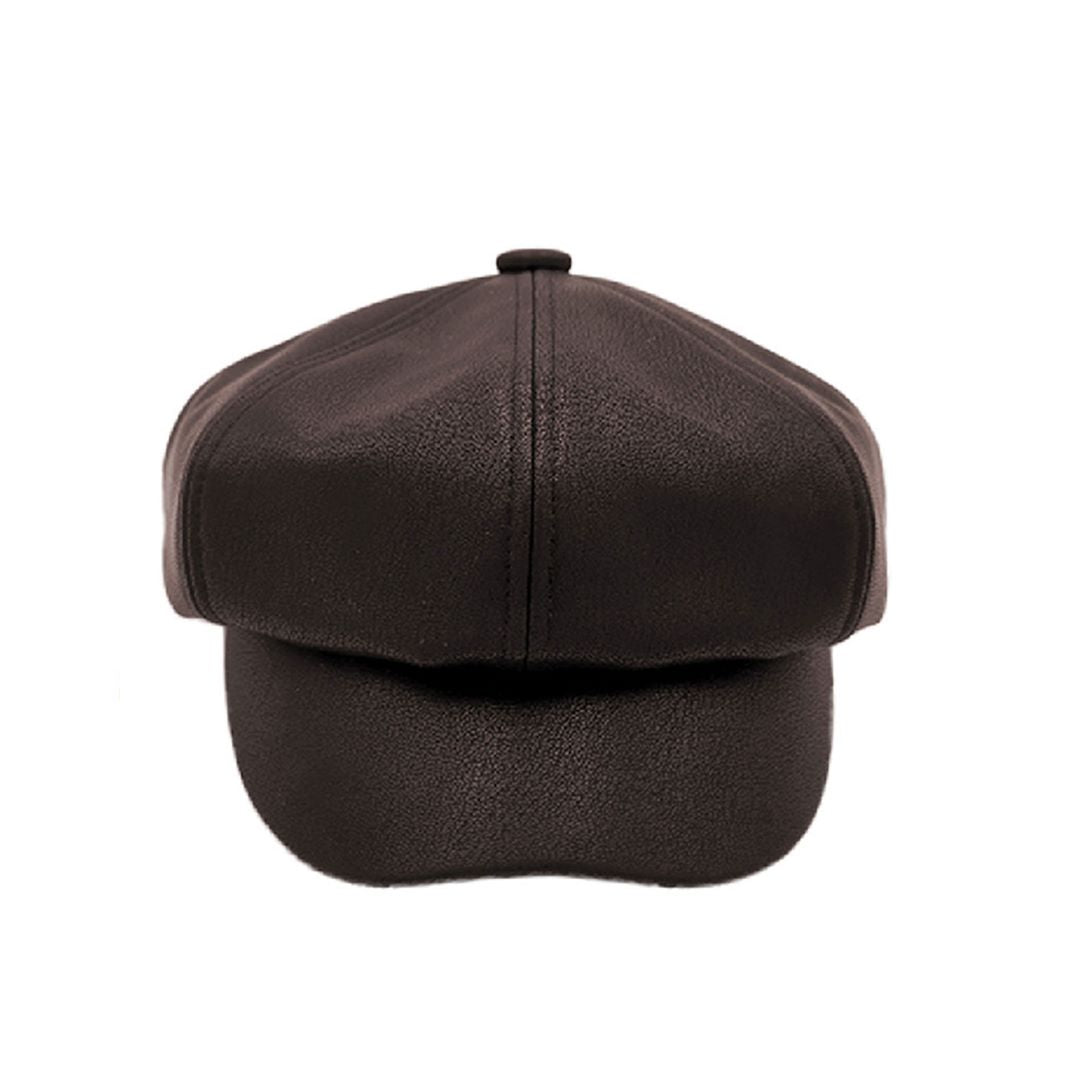 Dark Chocolate C.C Solid Faux Leather Newsboy Cap features a sleek, solid design crafted from high-quality faux leather for a stylish, modern look. The classic newsboy silhouette provides a comfortable fit, making it perfect for everyday wear or dressy occasions.